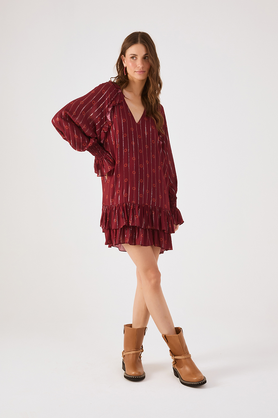 Marsala Solar Lurex V Neck Smocked Cuffs Mini Dress