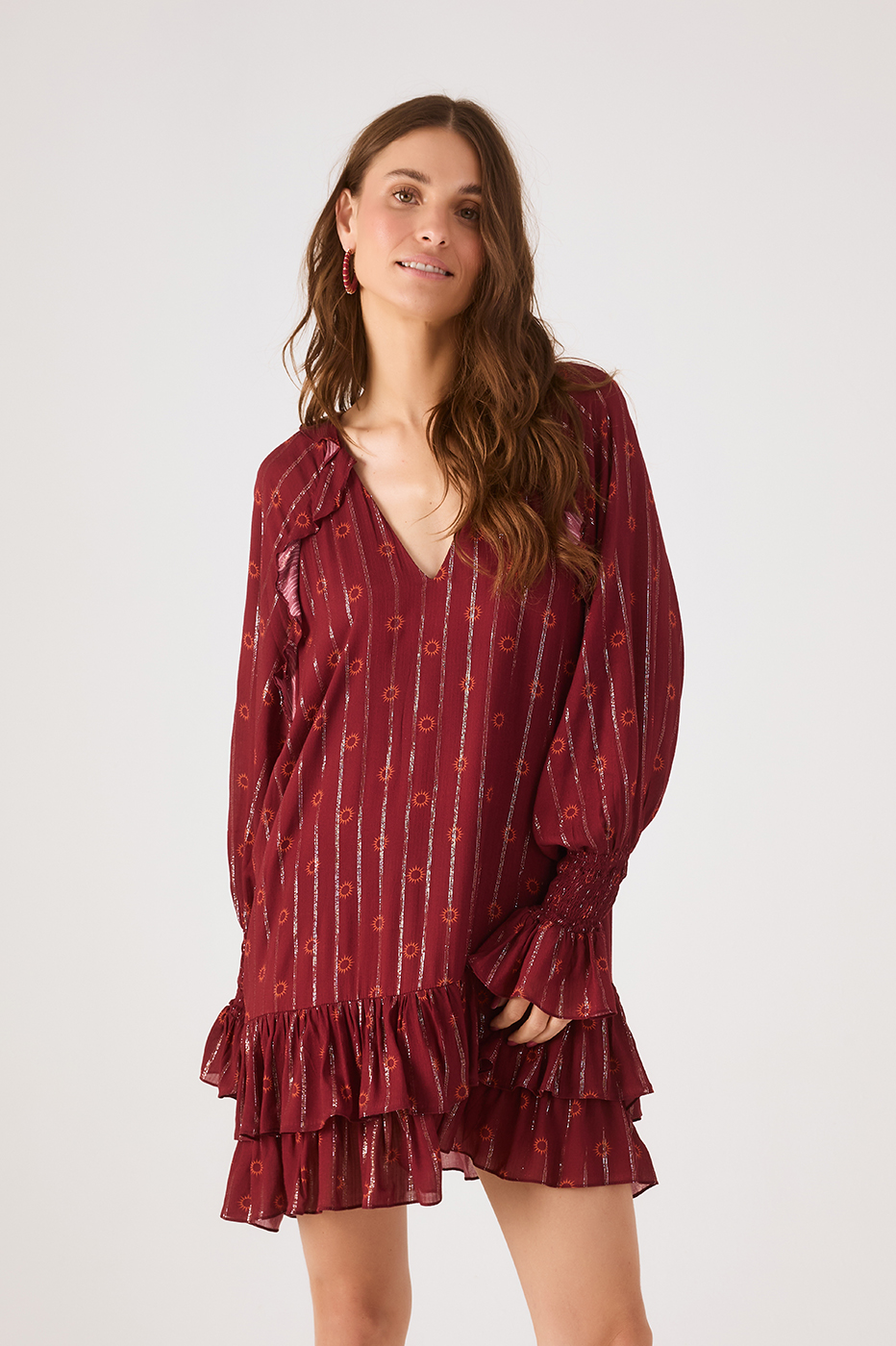 Marsala Solar Lurex V Neck Smocked Cuffs Mini Dress