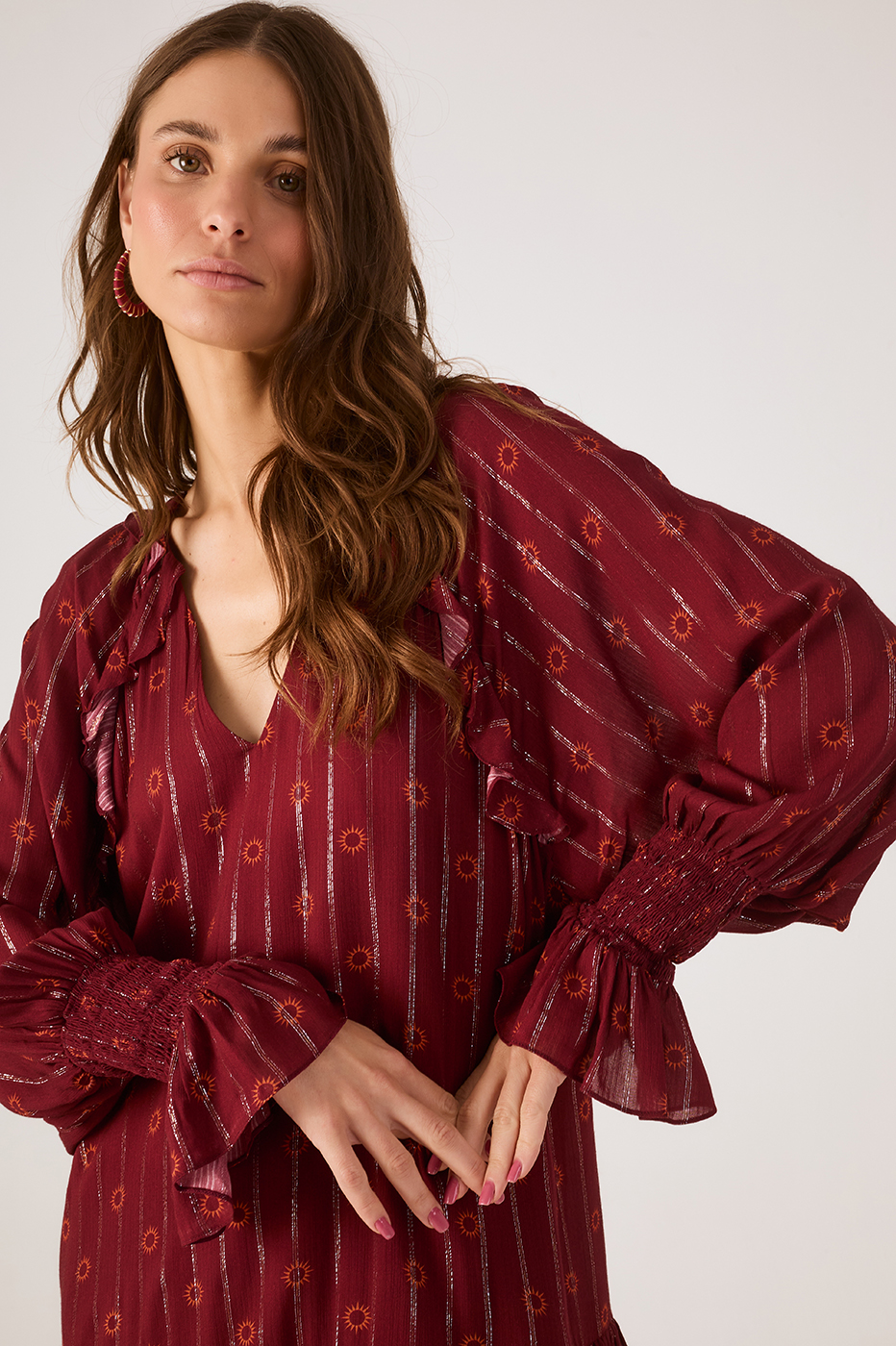 Marsala Solar Lurex V Neck Smocked Cuffs Mini Dress