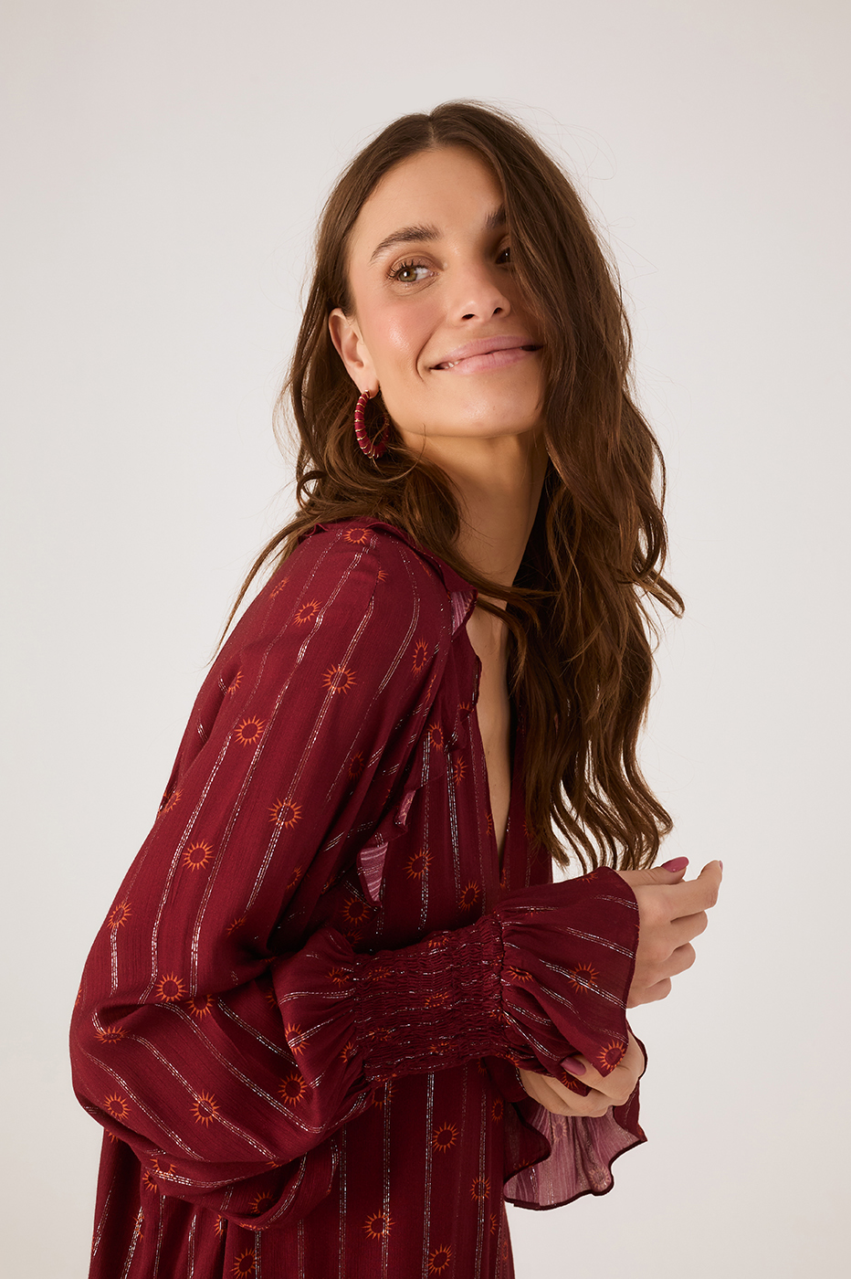 Marsala Solar Lurex V Neck Smocked Cuffs Mini Dress