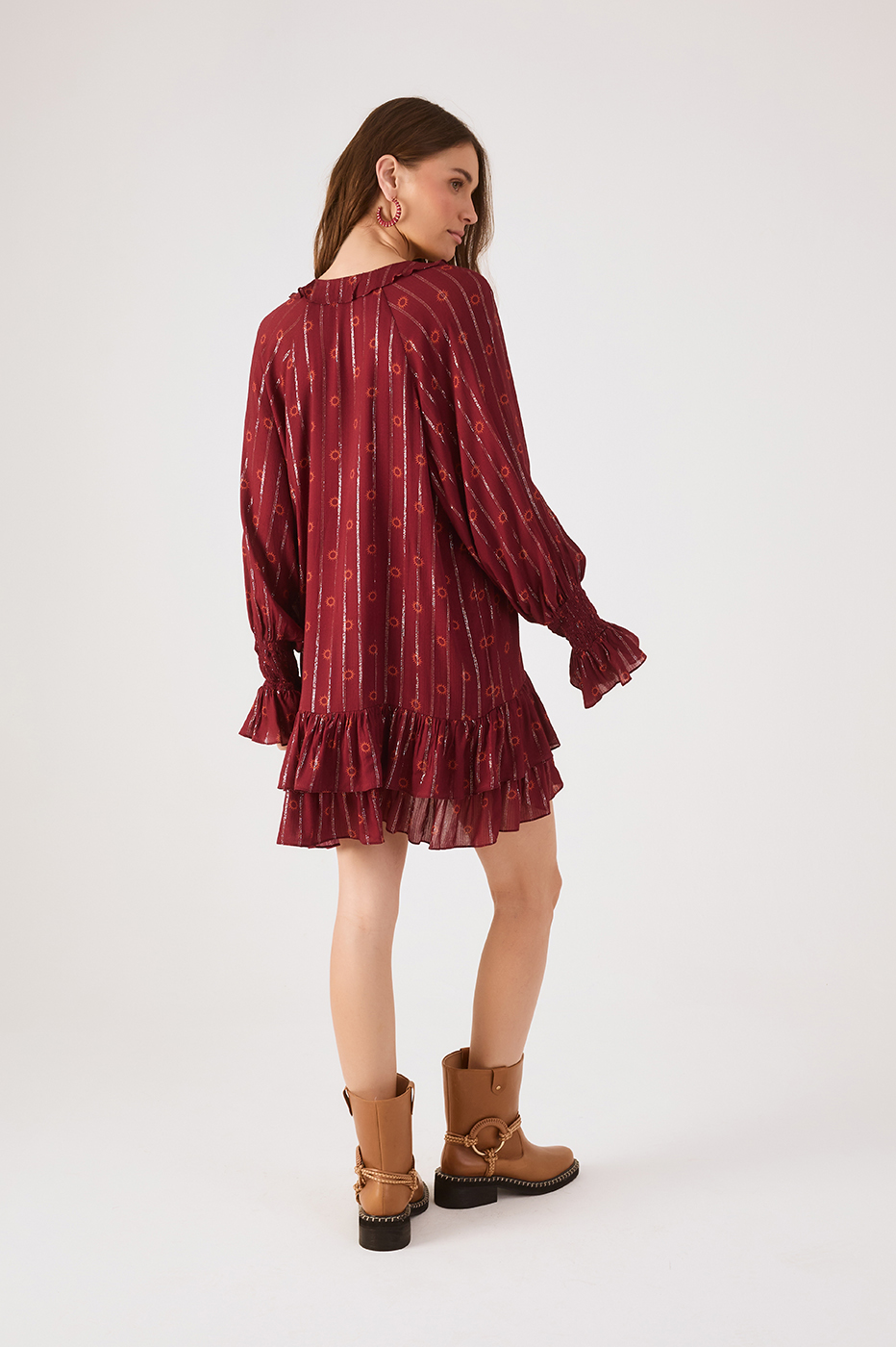 Marsala Solar Lurex V Neck Smocked Cuffs Mini Dress
