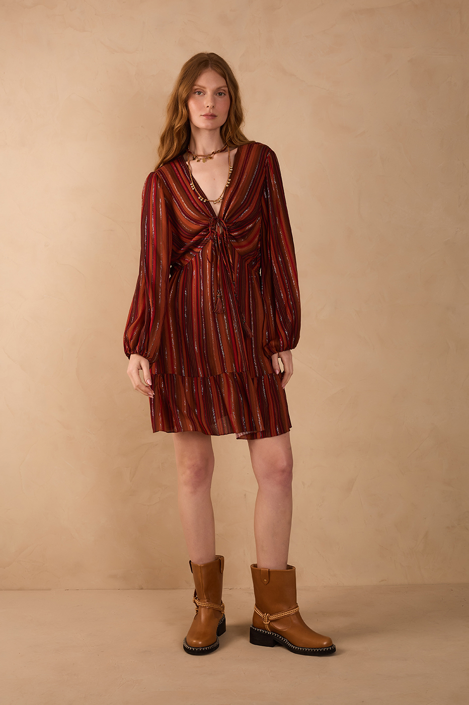 Brown Refugio Lurex Front Knot Puff Sleeve Mini Dress
