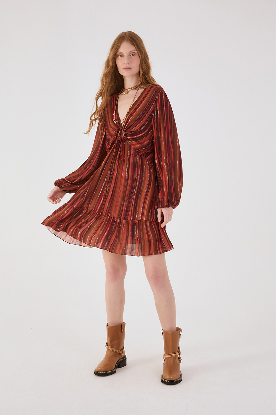 Brown Refugio Lurex Front Knot Puff Sleeve Mini Dress