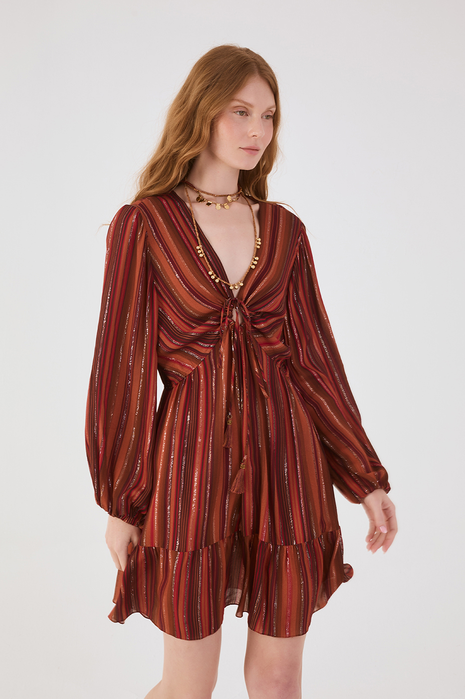 Brown Refugio Lurex Front Knot Puff Sleeve Mini Dress