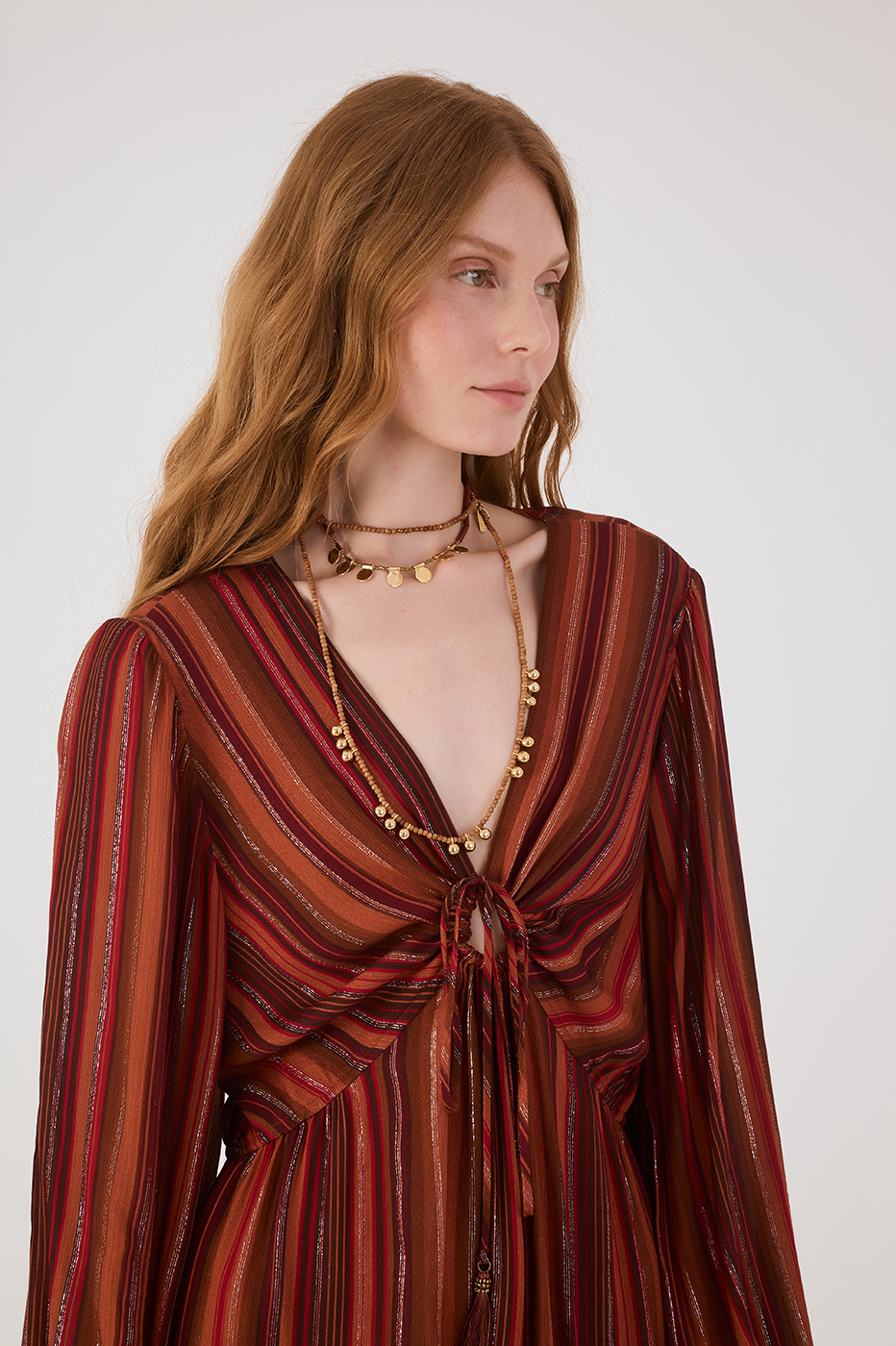 Brown Refugio Lurex Front Knot Puff Sleeve Mini Dress