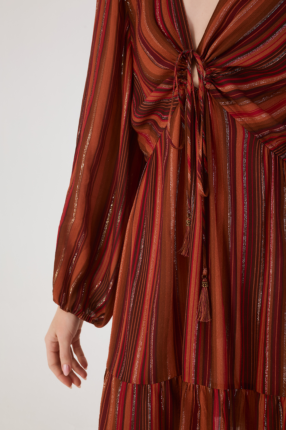 Brown Refugio Lurex Front Knot Puff Sleeve Mini Dress
