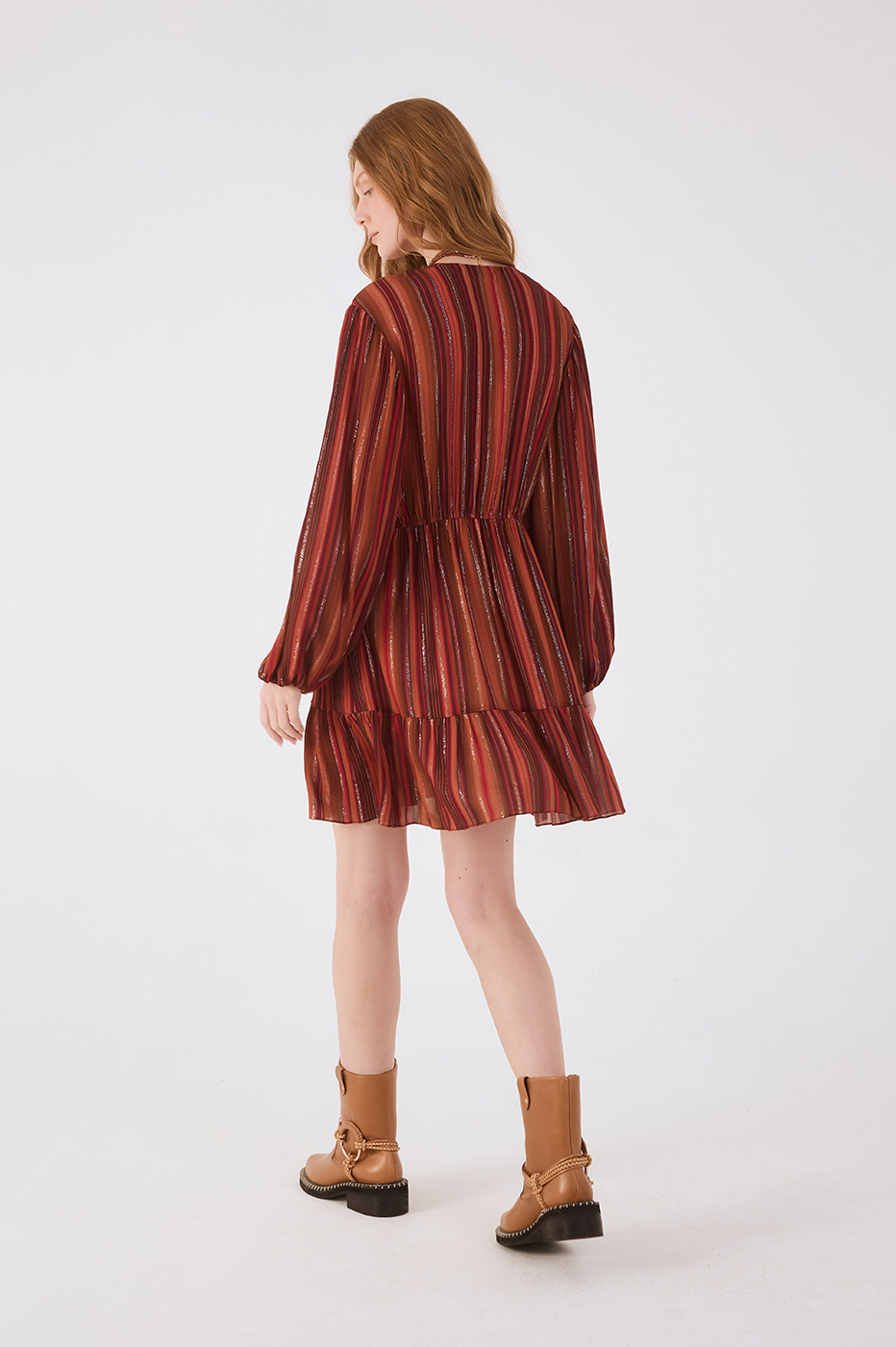 Brown Refugio Lurex Front Knot Puff Sleeve Mini Dress