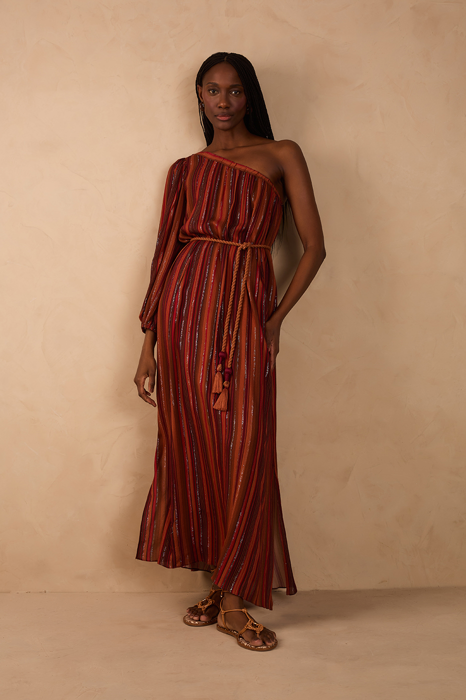 Brown Refugio Lurex Rope Belt One-Shoulder Maxi Dress
