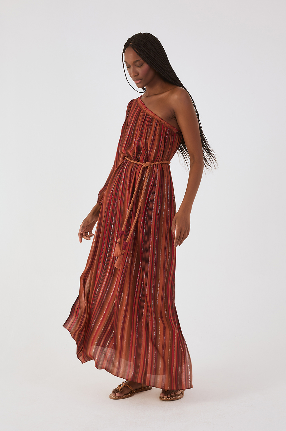Brown Refugio Lurex Rope Belt One-Shoulder Maxi Dress - Brown Refugio / XS Brown Refugio Lurex Rope Belt One-Shoulder Maxi Dress - Brown Refugio / XS