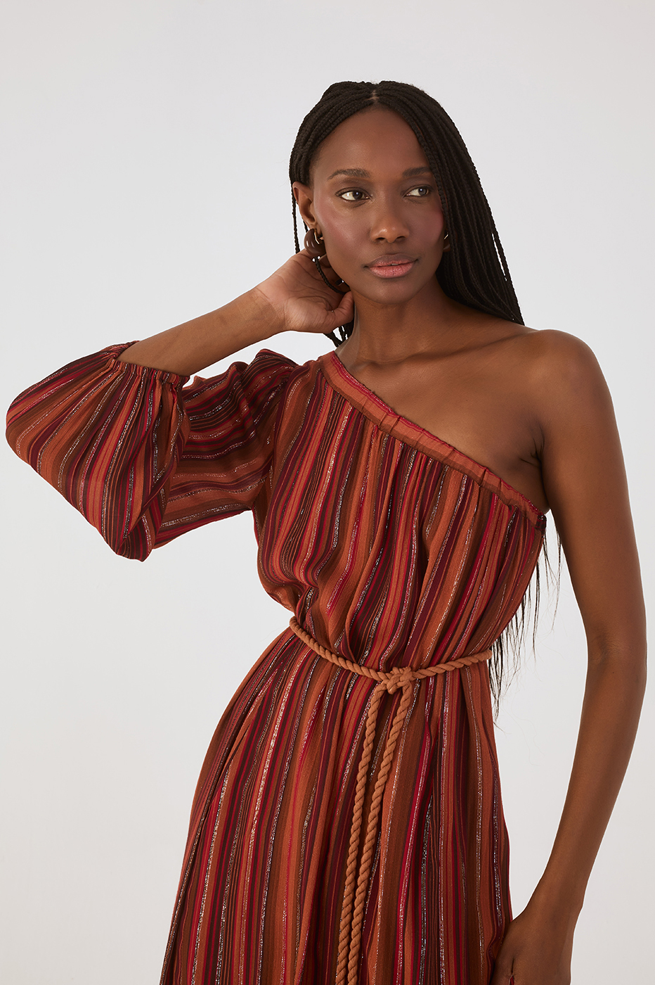 Brown Refugio Lurex Rope Belt One-Shoulder Maxi Dress in Brown Refugio