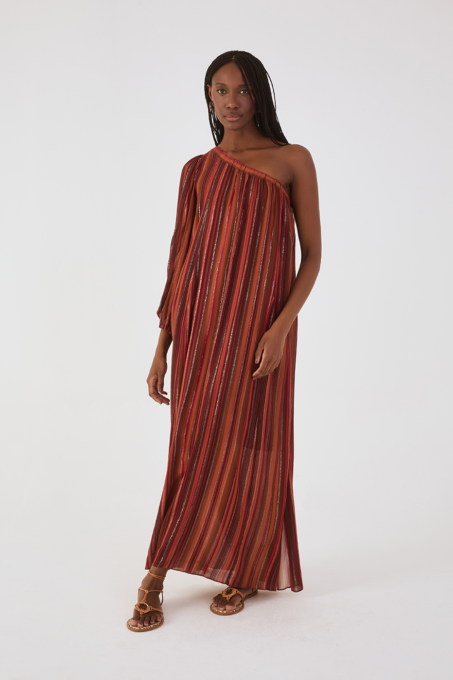 Brown Refugio Lurex Rope Belt One-Shoulder Maxi Dress
