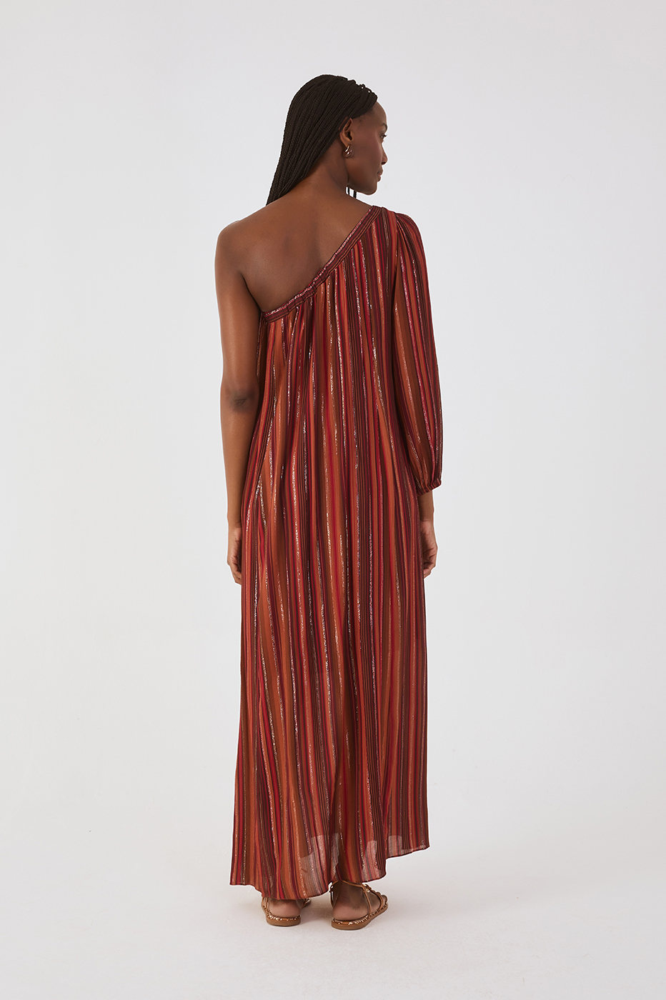 Brown Refugio Lurex Rope Belt One-Shoulder Maxi Dress