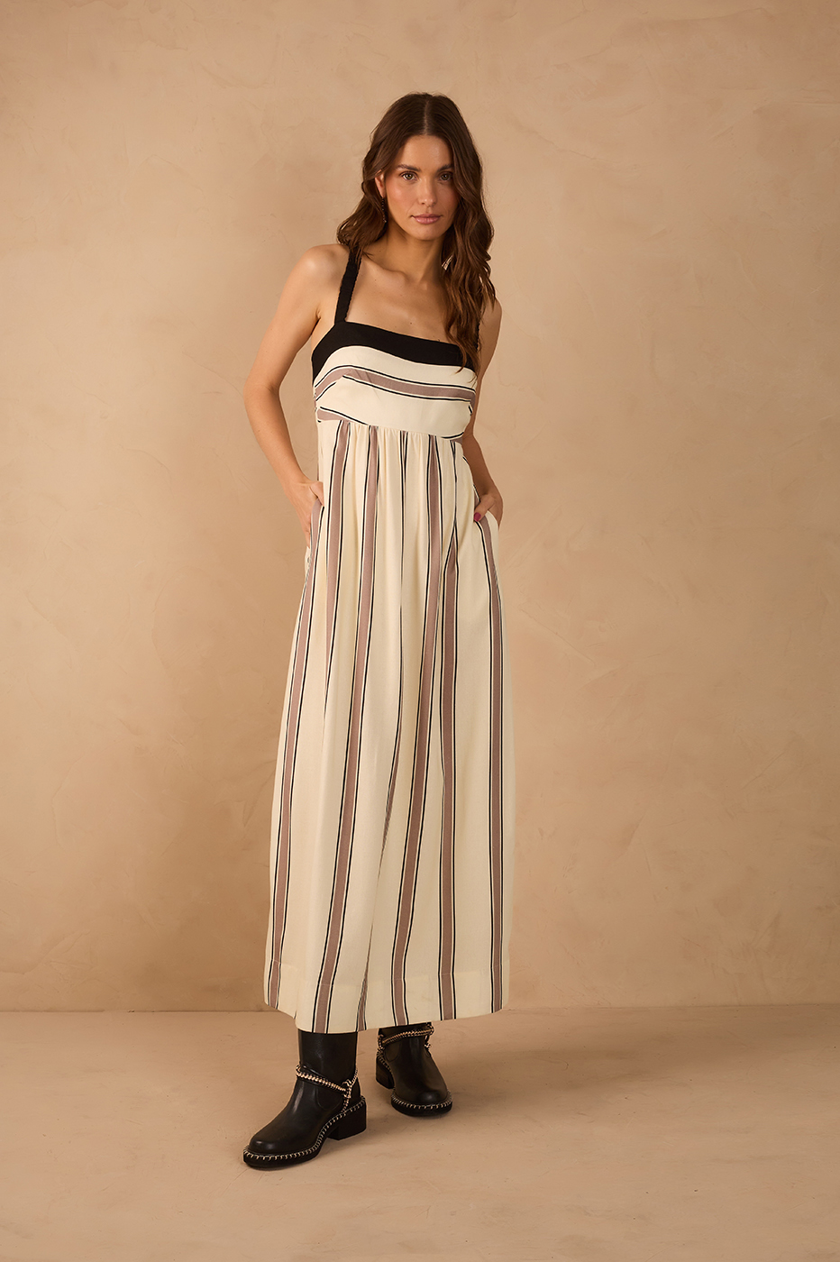 Beige Parque Stripes Square Neck Pockets Linen Maxi Dress