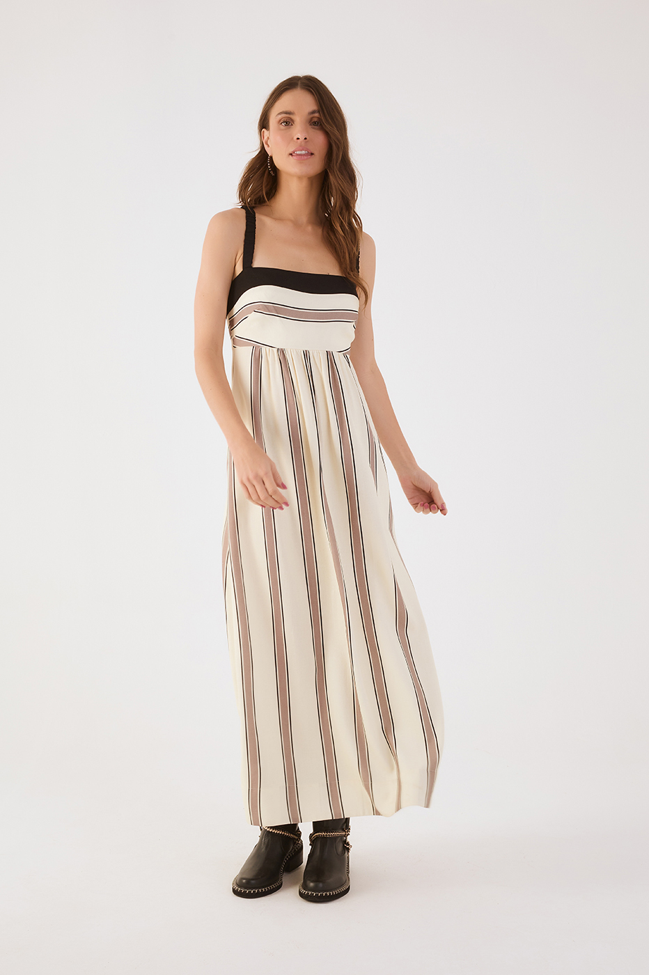 Beige Parque Stripes Square Neck Pockets Linen Maxi Dress