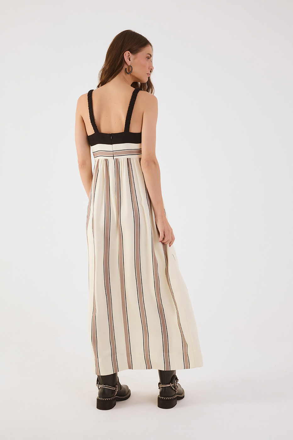 Beige Parque Stripes Square Neck Pockets Linen Maxi Dress