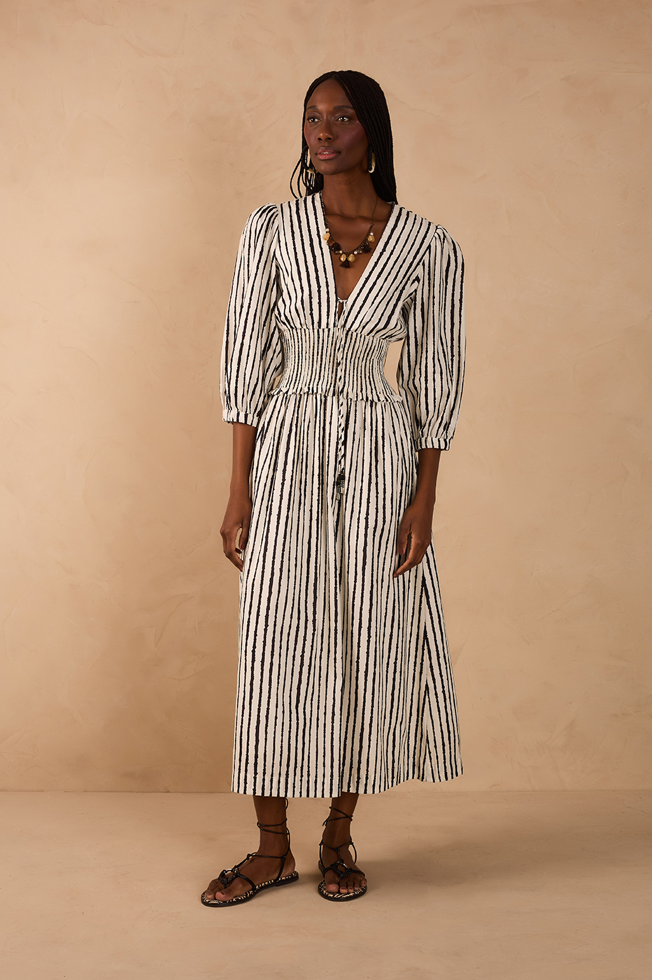 Bicolor Icarai V Neck Smocked Bodice Front Tassels Midi Dress