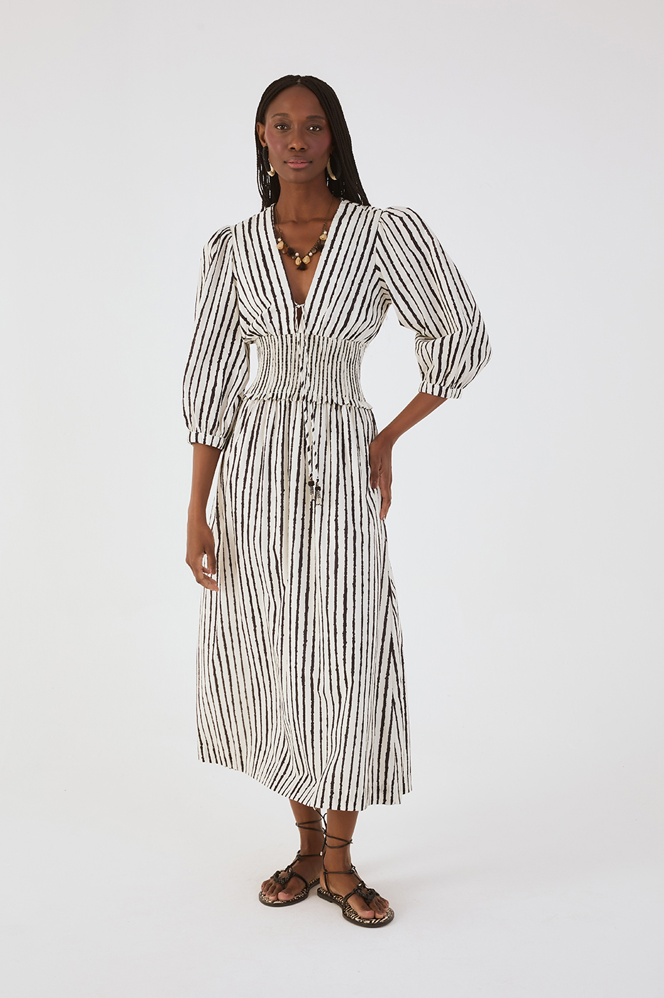 Bicolor Icarai V Neck Smocked Bodice Front Tassels Midi Dress