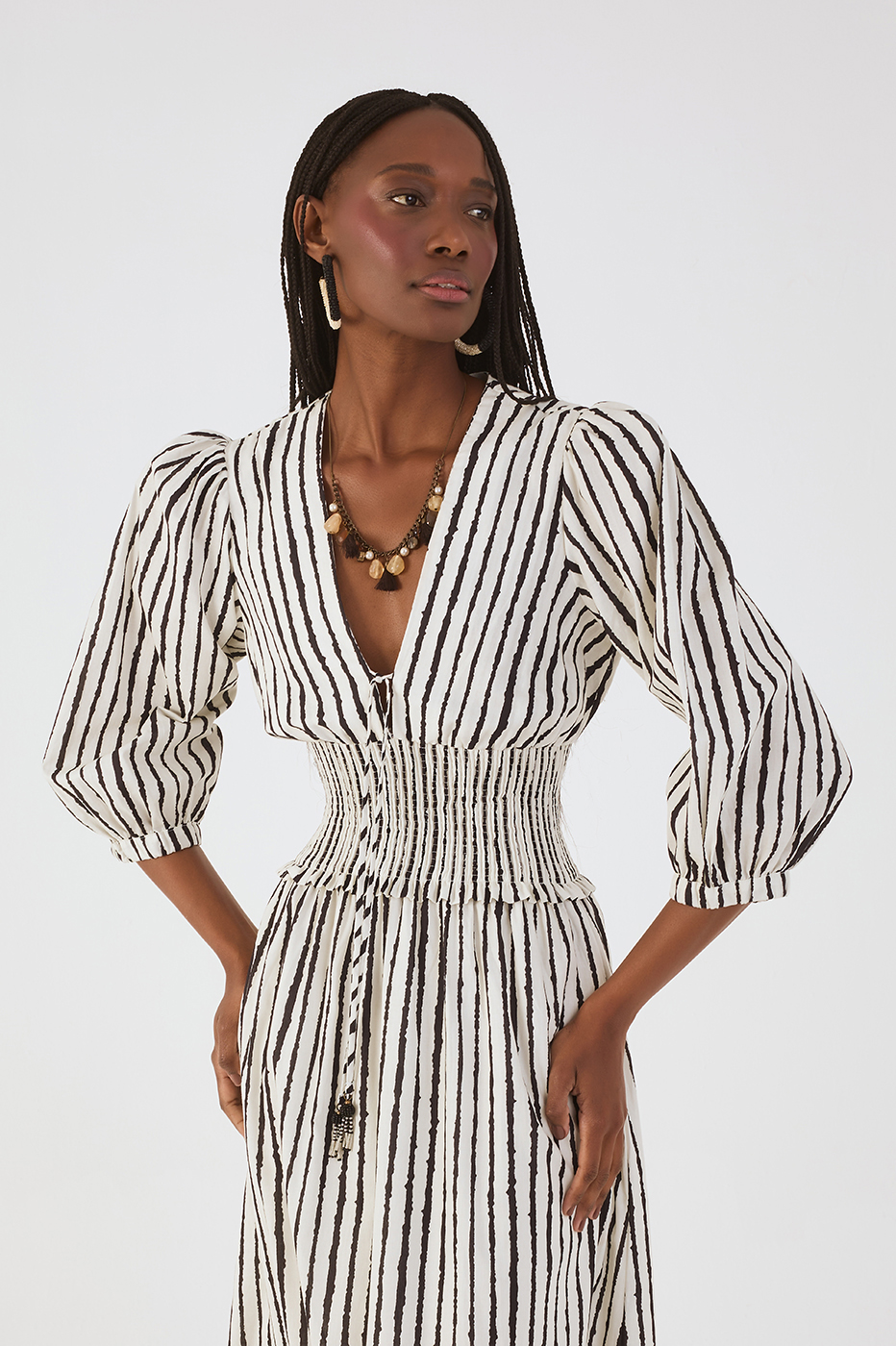 Bicolor Icarai V Neck Smocked Bodice Front Tassels Midi Dress