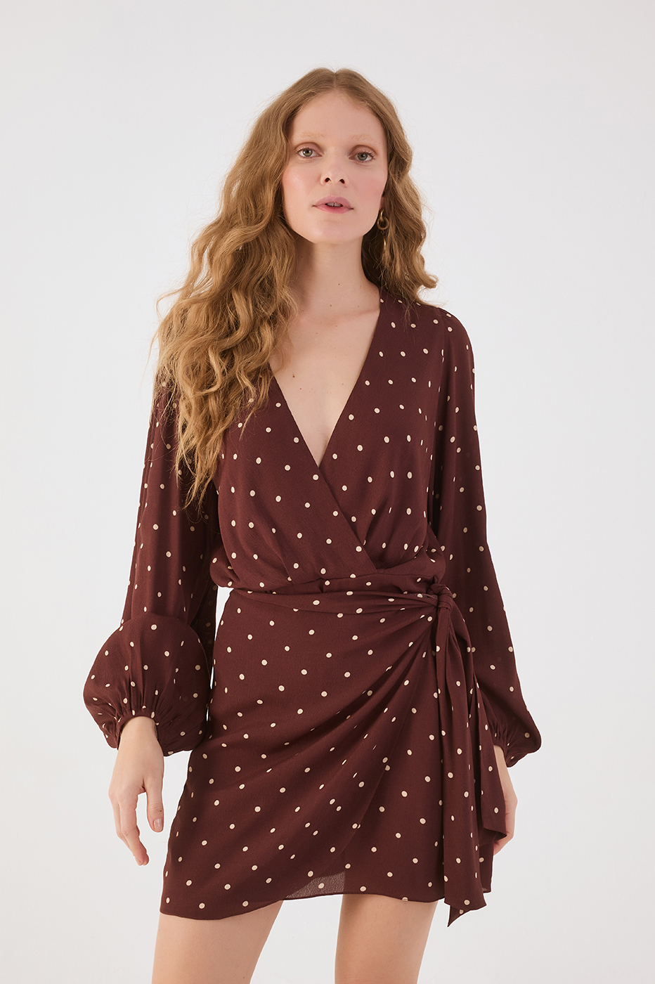 Brown Noite V Neck Wrap Crepe Mini Dress