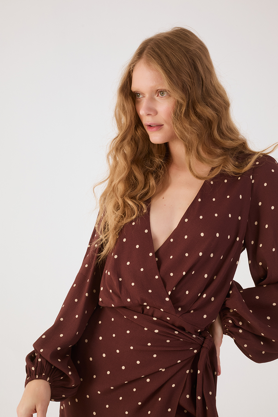 Brown Noite V Neck Wrap Crepe Mini Dress