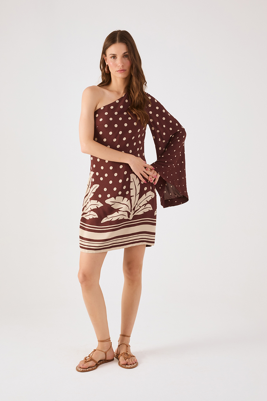 Brown Palma One-Shoulder Wide Sleeve Crepe Mini Dress