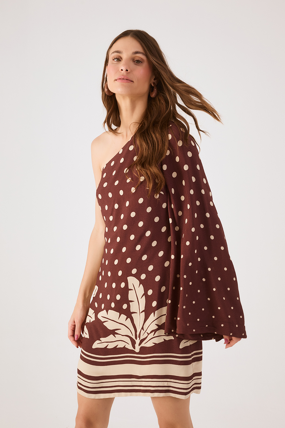 Brown Palma One-Shoulder Wide Sleeve Crepe Mini Dress