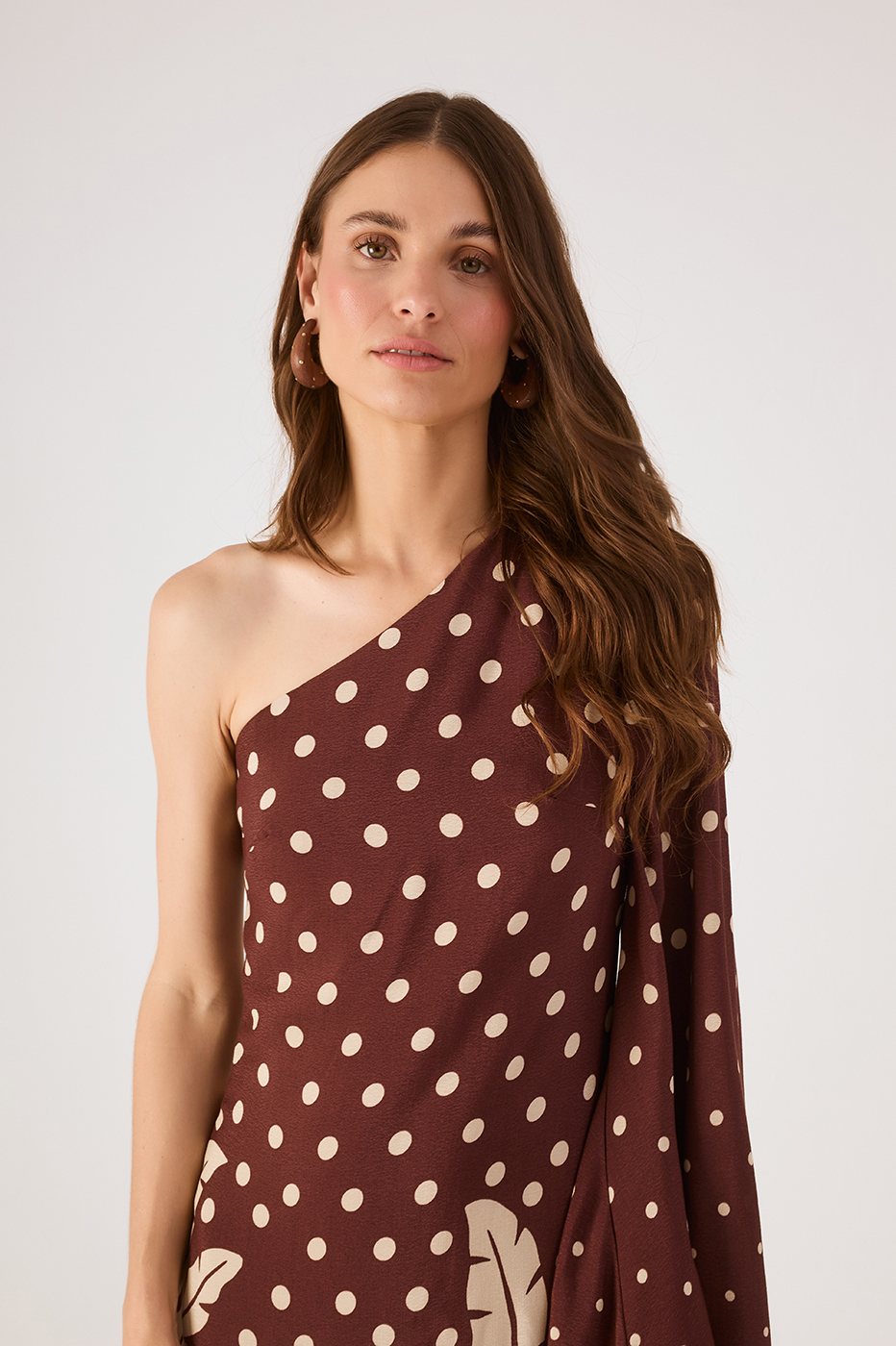 Brown Palma One-Shoulder Wide Sleeve Crepe Mini Dress