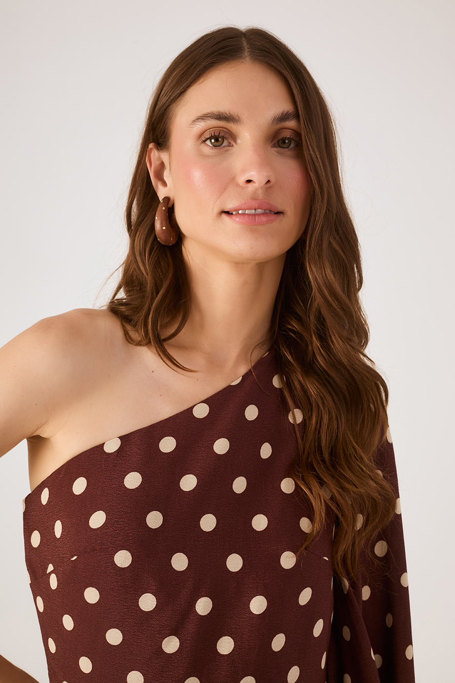 Brown Palma One-Shoulder Wide Sleeve Crepe Mini Dress