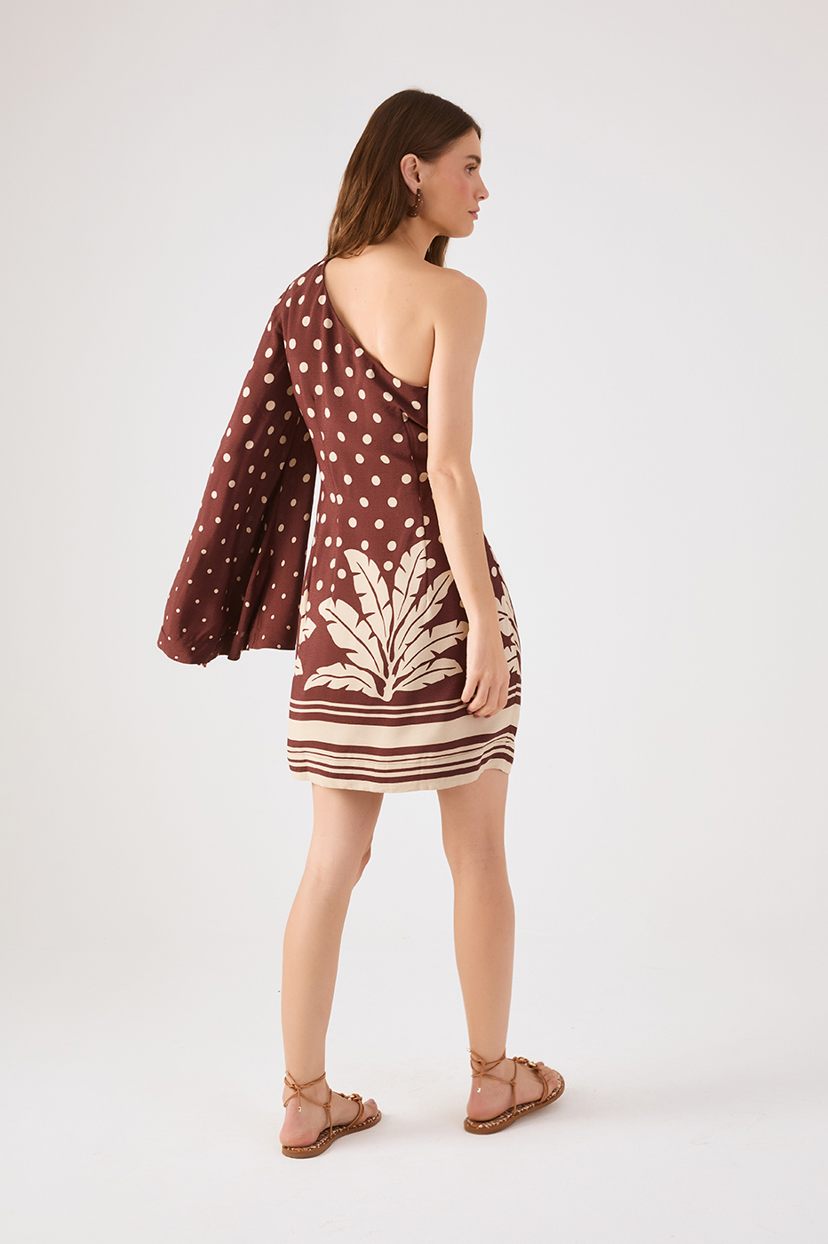 Brown Palma One-Shoulder Wide Sleeve Crepe Mini Dress