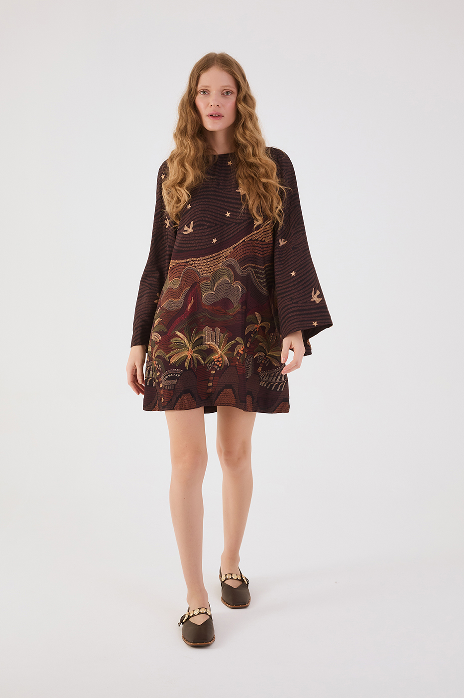 Brown Cena Carioca Crew Neck Kimono Sleeves Back Ties Mini Dress