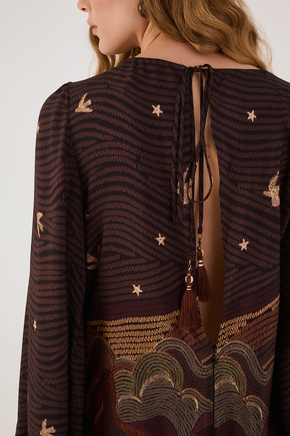 Brown Cena Carioca Crew Neck Kimono Sleeves Back Ties Mini Dress