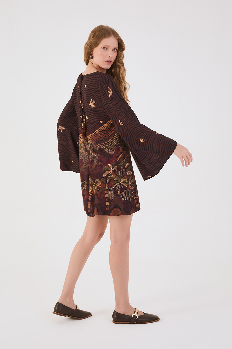 Brown Cena Carioca Crew Neck Kimono Sleeves Back Ties Mini Dress