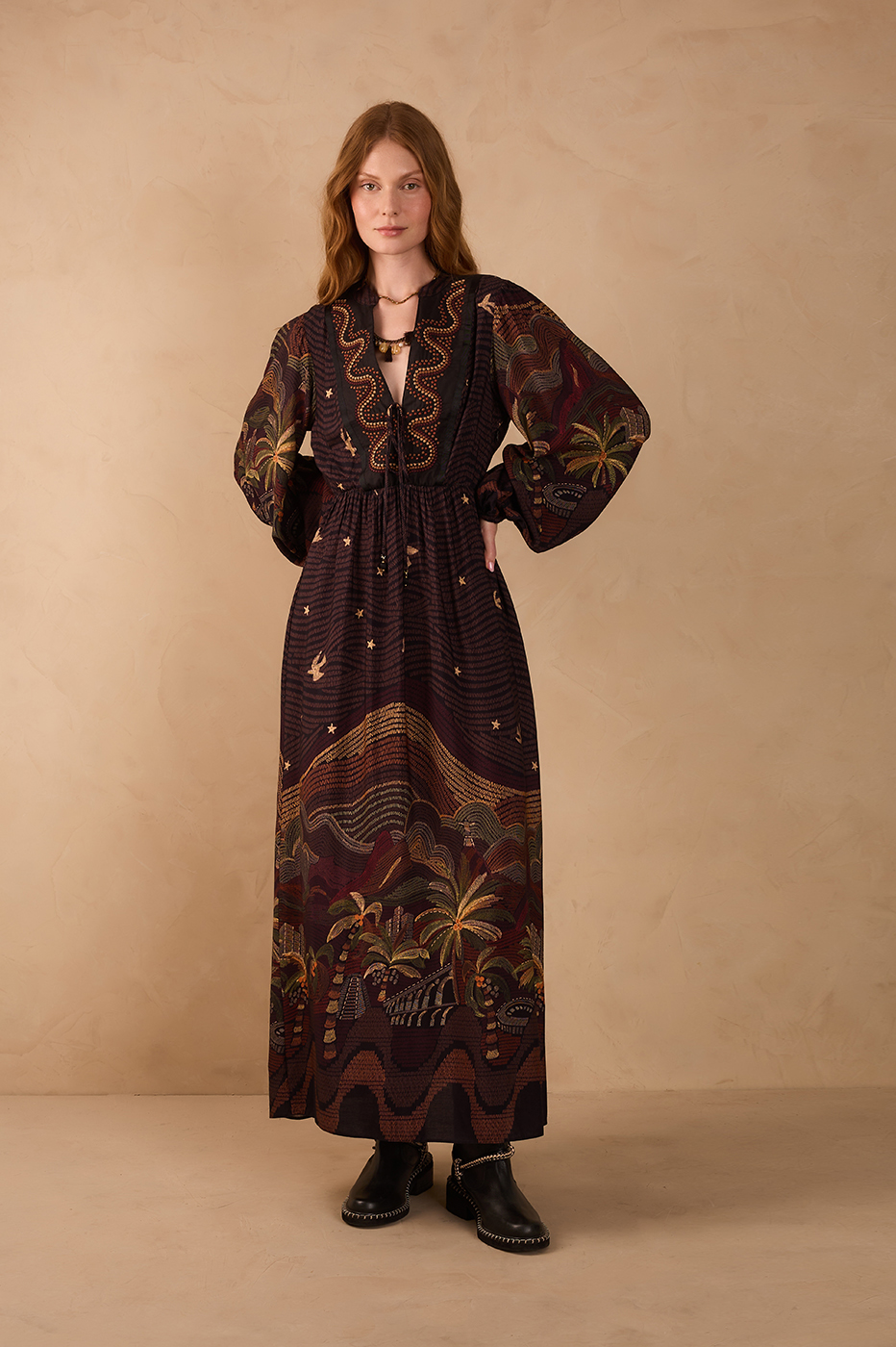 Brown Cena Carioca Front Ties Puff Sleeve Maxi Dress