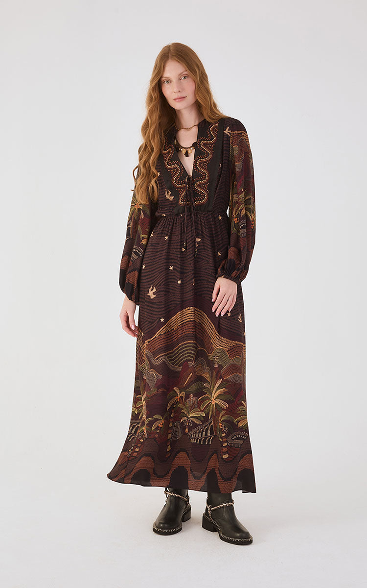Brown Cena Carioca Front Ties Puff Sleeve Maxi Dress