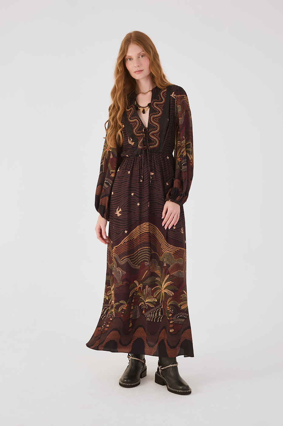 Brown Cena Carioca Front Ties Puff Sleeve Maxi Dress