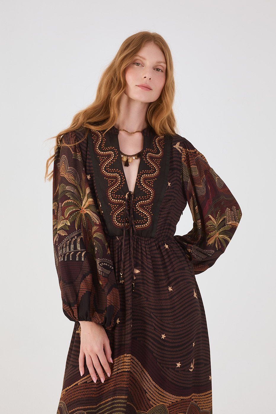 Brown Cena Carioca Front Ties Puff Sleeve Maxi Dress