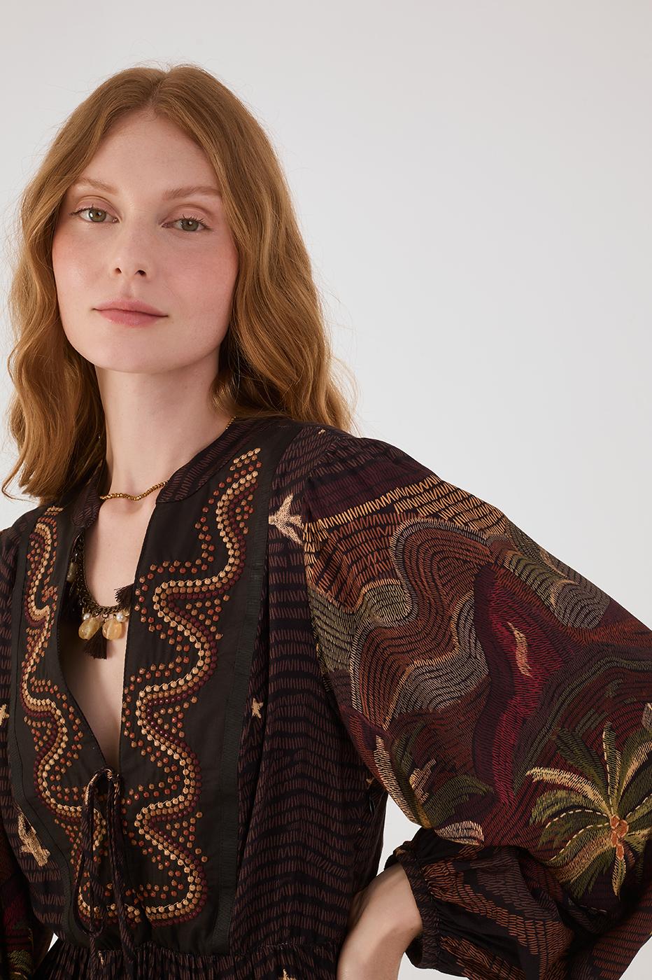 Brown Cena Carioca Front Ties Puff Sleeve Maxi Dress