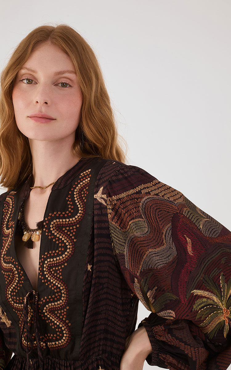 Brown Cena Carioca Front Ties Puff Sleeve Maxi Dress_4