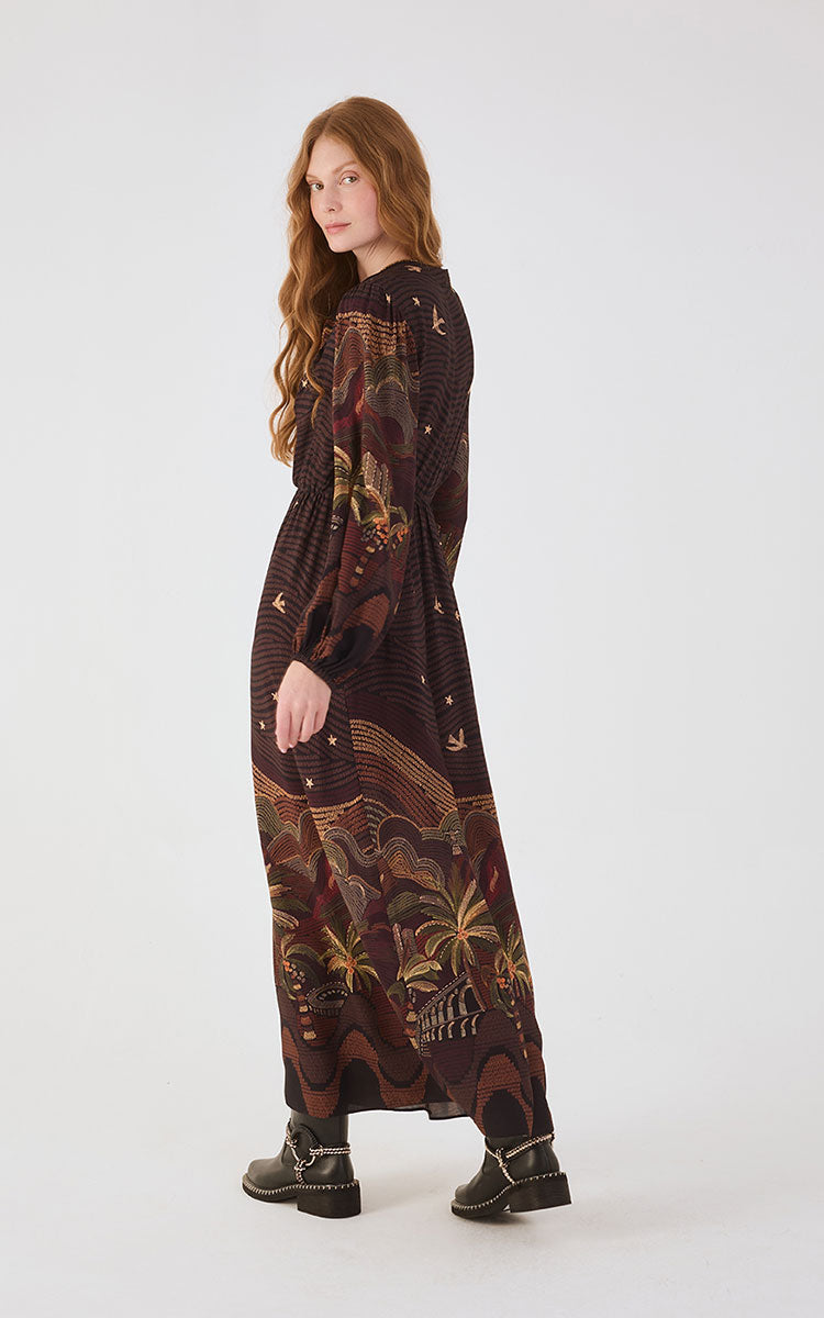 Brown Cena Carioca Front Ties Puff Sleeve Maxi Dress_5