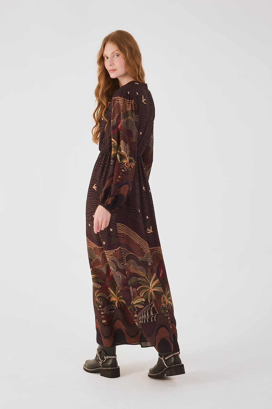 Brown Cena Carioca Front Ties Puff Sleeve Maxi Dress