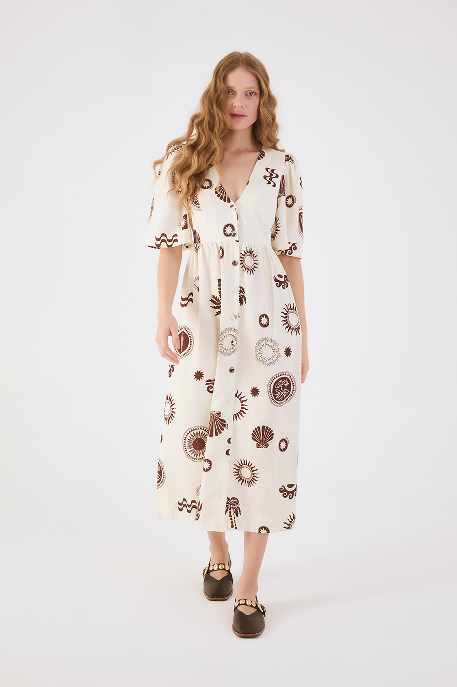 Off-White Sol Rio V Neck Buttoned Short Sleeve Maxi Dress