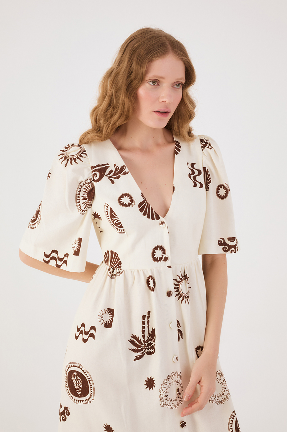Off-White Sol Rio V Neck Buttoned Short Sleeve Maxi Dress