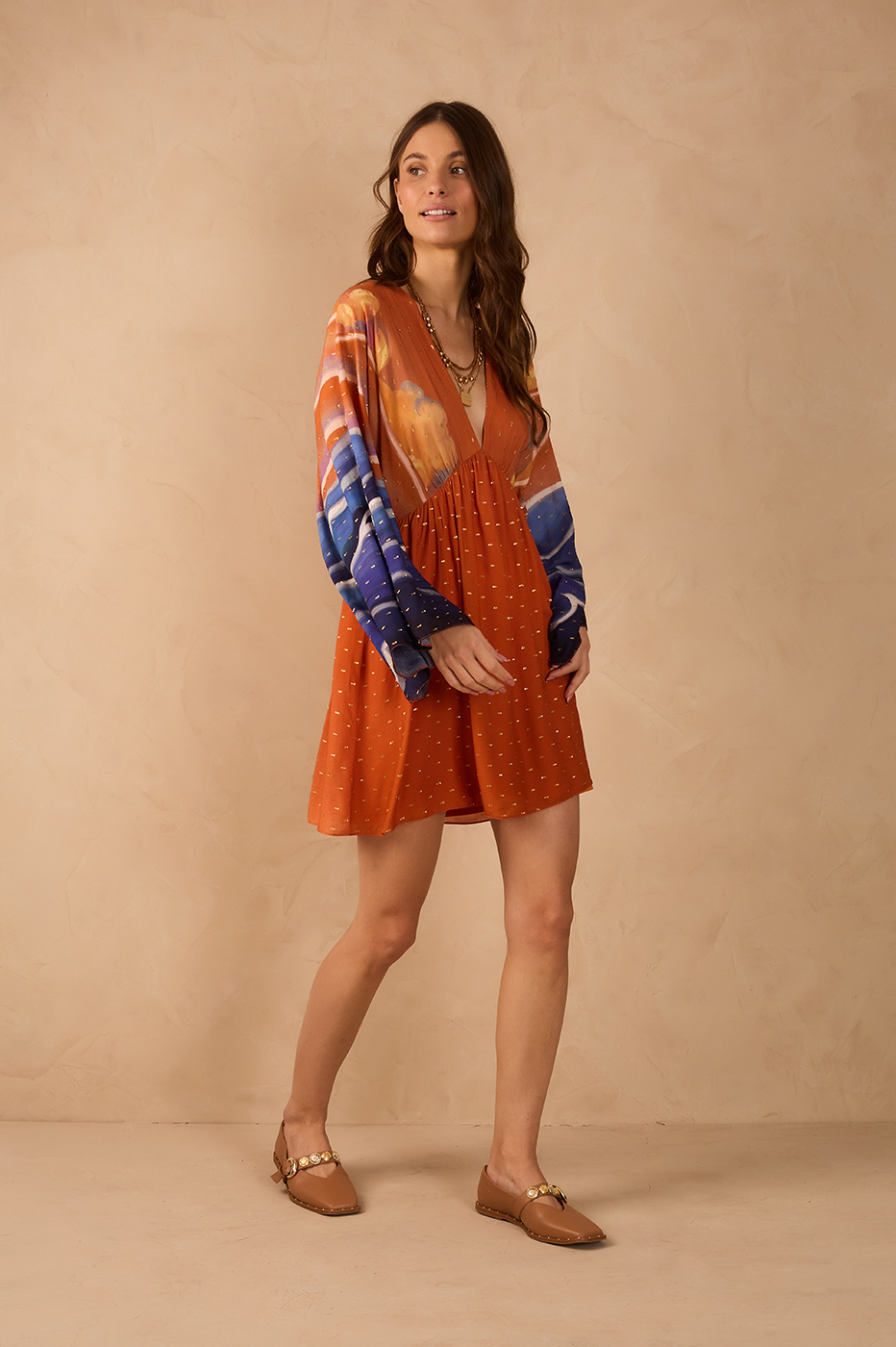 Orange Mare Alta Lurex V Neck Kimono Sleeve Mini Dress