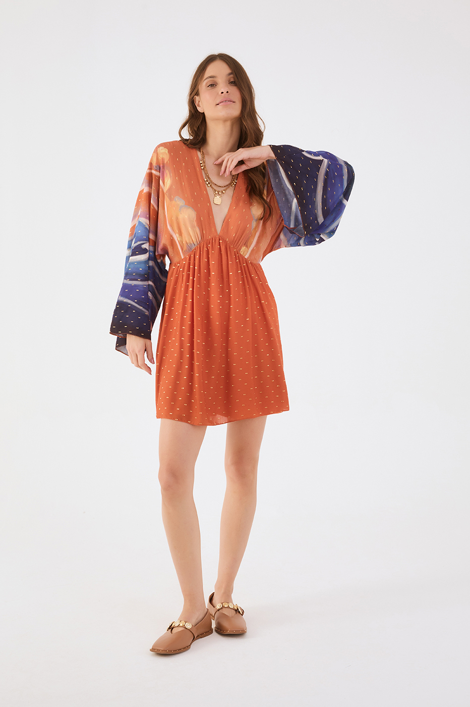 Orange Mare Alta Lurex V Neck Kimono Sleeve Mini Dress