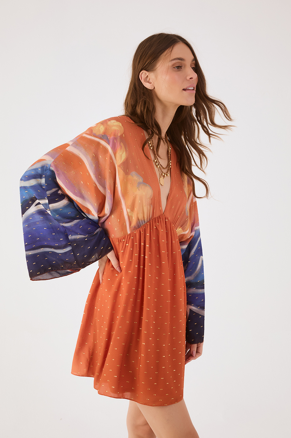 Orange Mare Alta Lurex V Neck Kimono Sleeve Mini Dress