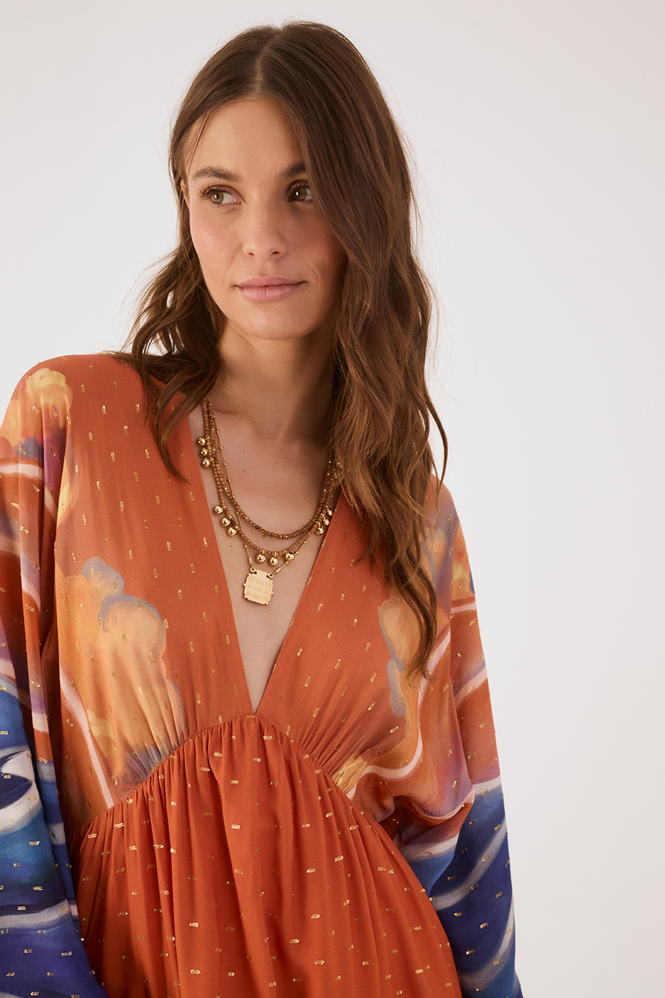 Orange Mare Alta Lurex V Neck Kimono Sleeve Mini Dress