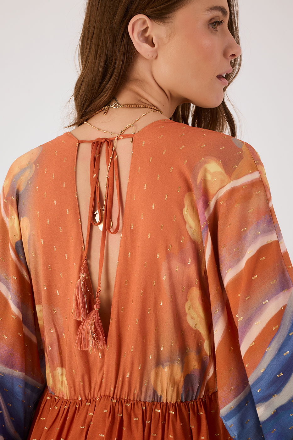 Orange Mare Alta Lurex V Neck Kimono Sleeve Mini Dress