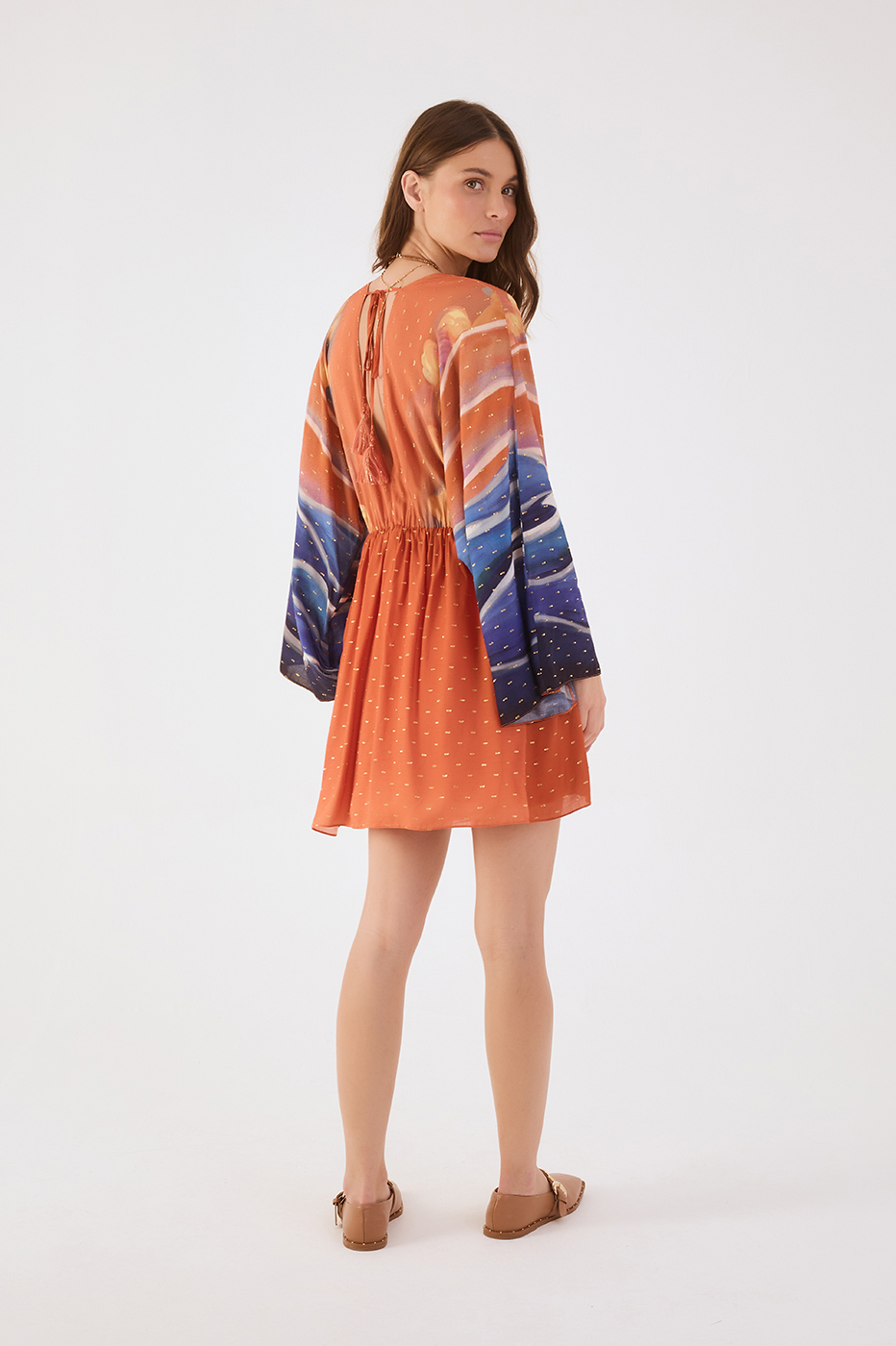 Orange Mare Alta Lurex V Neck Kimono Sleeve Mini Dress