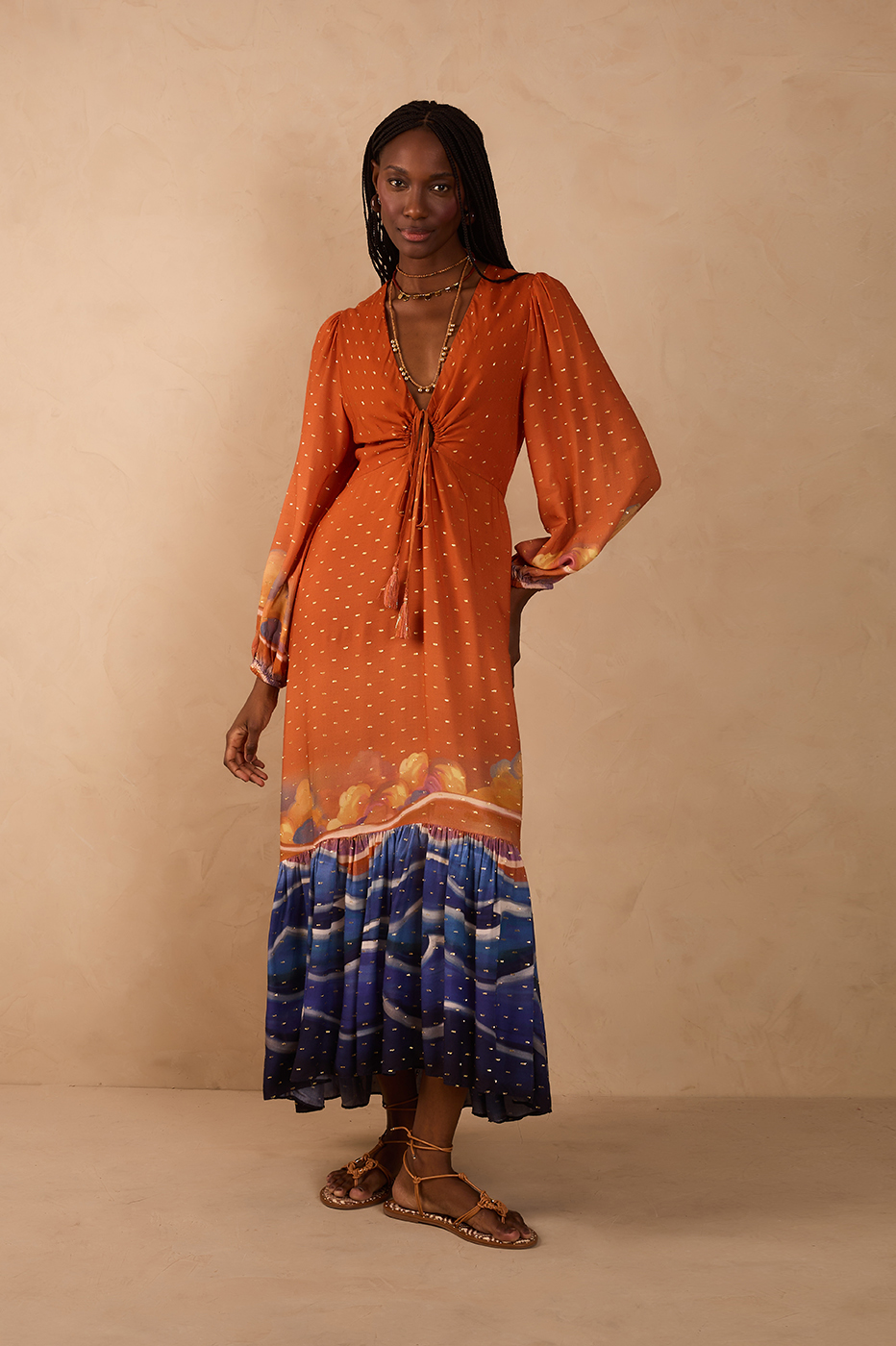 Orange Mare Alta Lurex Front Cut-Out Ties Maxi Dress