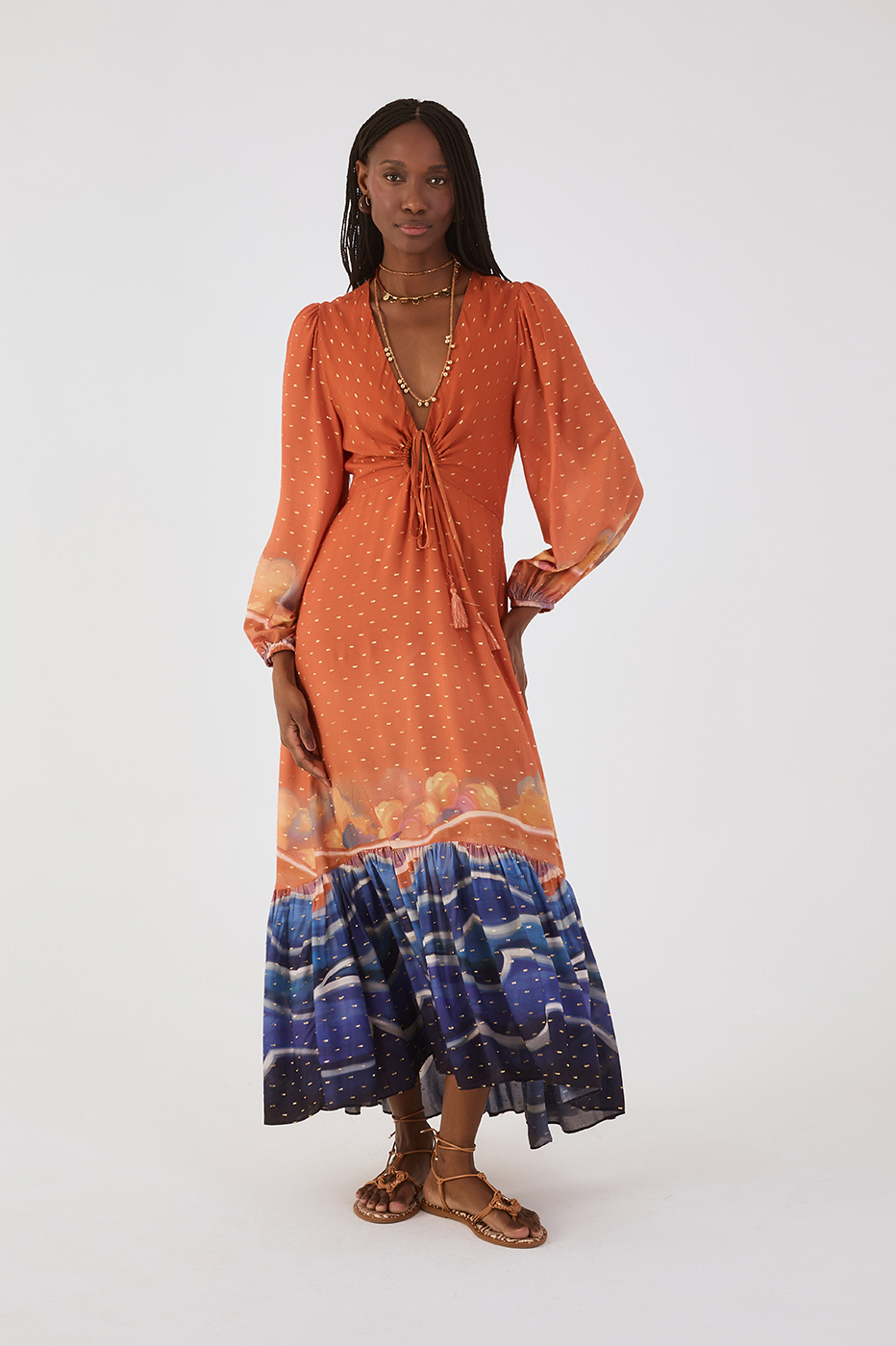 Orange Mare Alta Lurex Front Cut-Out Ties Maxi Dress